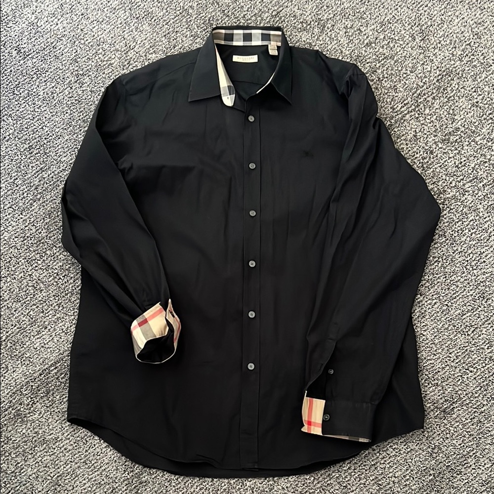  Burberry Men’s Black Dress Shirt – Long Sleeve – Nova Check Trim - Size XL